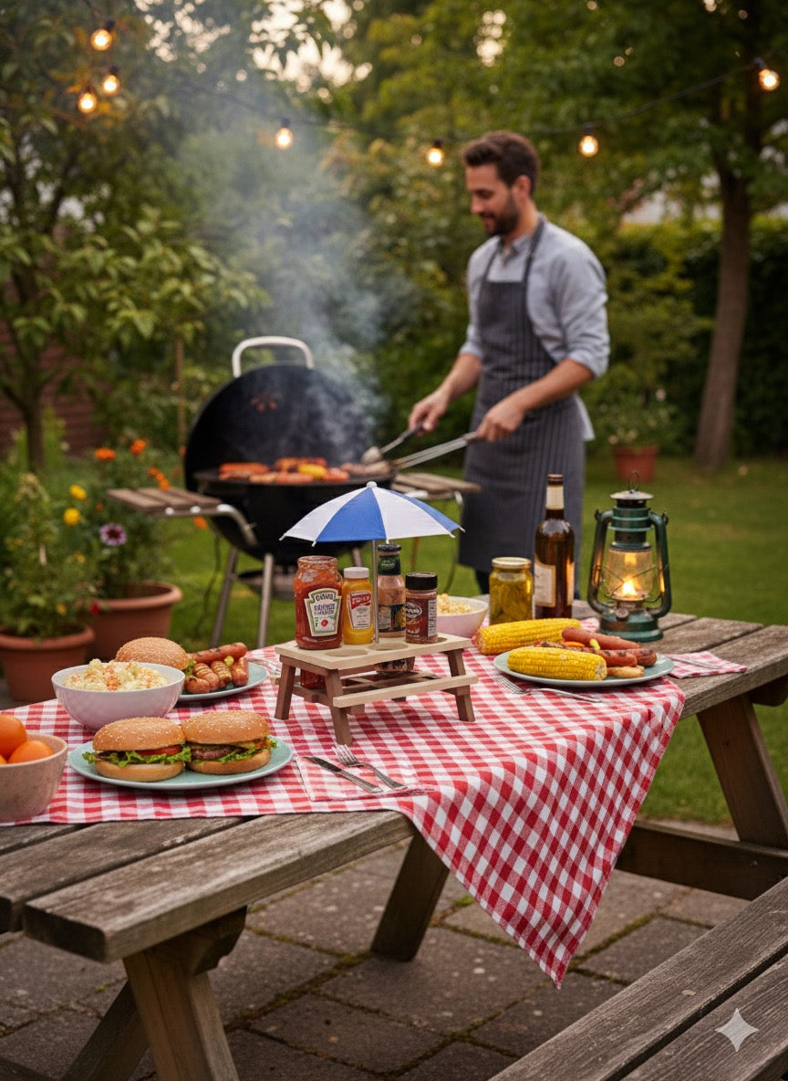 Mini-Picknicktisch mit Sonnenschirm – Halter für Saucen, Snacks & Getränke für Grillparty