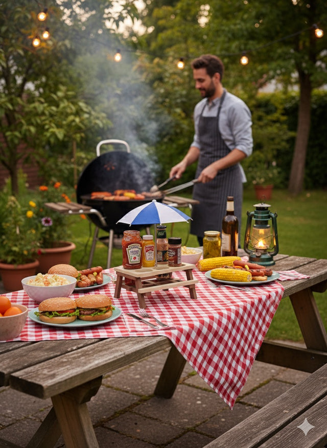 Mini-Picknicktisch mit Sonnenschirm – Halter für Saucen, Snacks & Getränke für Grillparty