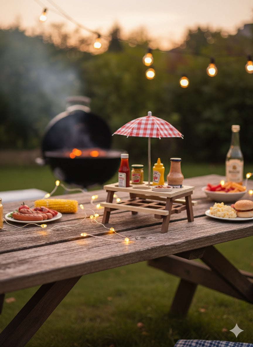 Mini-Picknicktisch mit Sonnenschirm – Halter für Saucen, Snacks & Getränke für Grillparty