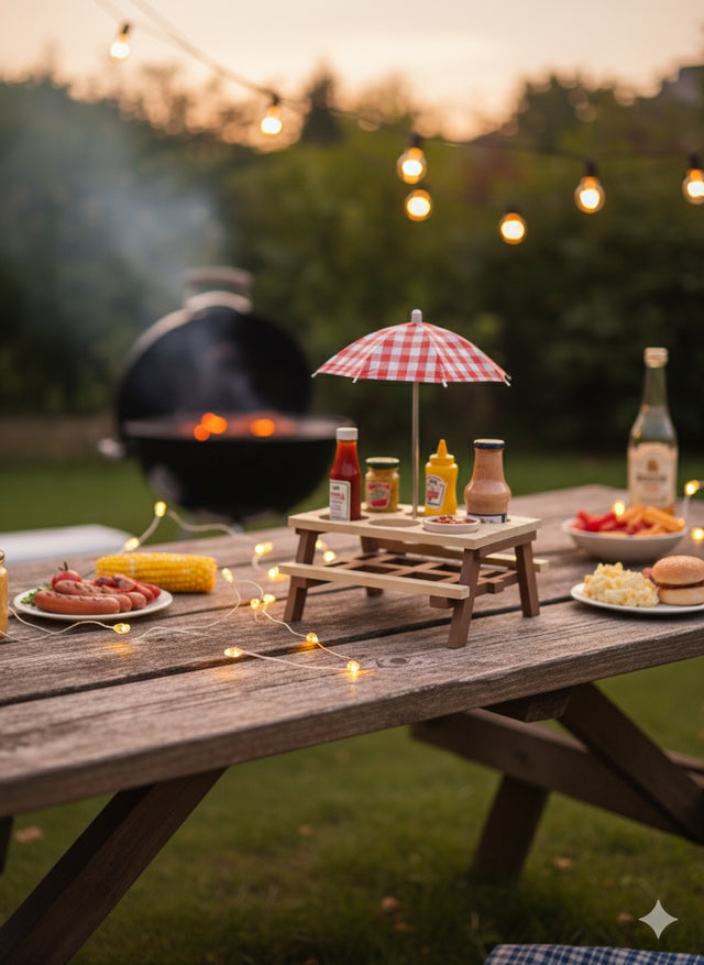 Mini-Picknicktisch mit Sonnenschirm – Halter für Saucen, Snacks & Getränke für Grillparty